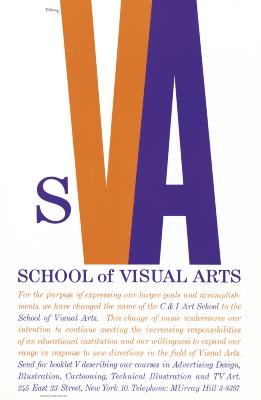 Posters depicts: Purple and orange text against a white background; the header is "SVA," with the VA massive compared to the S.