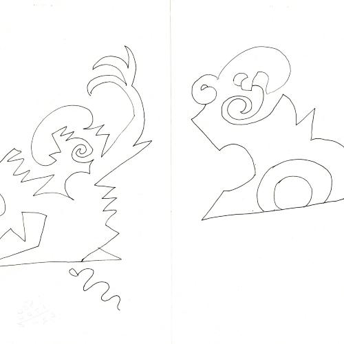 Original Art depicts: Two abstract line drawings, one is more spiky the other more rounded