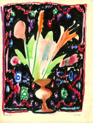 Original Art depicts: Watercolor and oil pastel drawing of an abstract vase of flowers in front of a black tapestry with colorful patterns