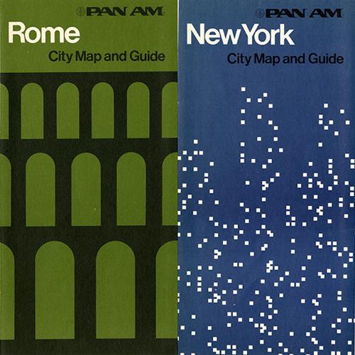 Booklet/Brochure depicts: Four brochures each with a minimalist silhouette illustration sit next to each other, one of the clockwork orange book cover, one of a colosseum, one of snow, and one of a line of palm trees 