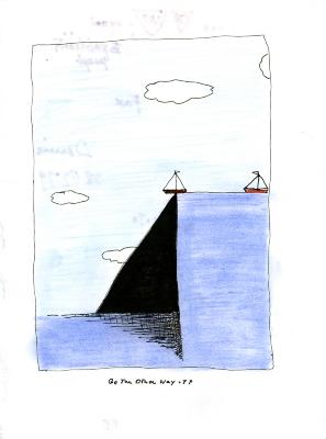 Original Art depicts: Cartoon drawing of a sail boat about to fall off a cliff made of water, below is a harsh black shadow. A red sailboat is behind sailing the other way.