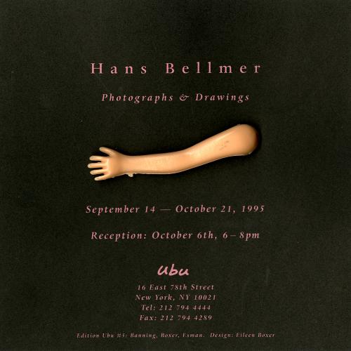 Announcements and invitations depicts: Plastic doll arm on a black background with gallery announcement text around it 