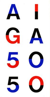 Booklet/Brochure depicts: "AIGA 5000" written in a half blue and black, and half red and block alternating text 