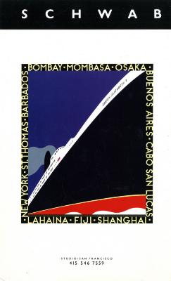Cards depicts: Minimalist illustration of the side of a large ship seen from below, names of international cities border the illustration 