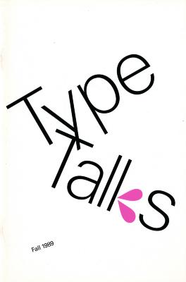 "Type Talks" each word is diagonal, and they intersect. the "K" has two pink drop symbols as the legs 