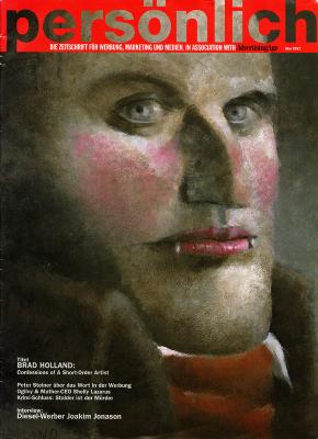 Painting of a close up portrait of a man with vampire teeth 