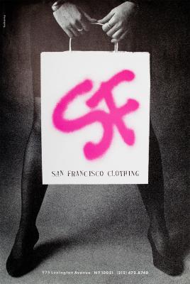 Posters depicts: Photograph of woman from waist down, holding a white shopping bag, with large pink airbrushed "S F" 