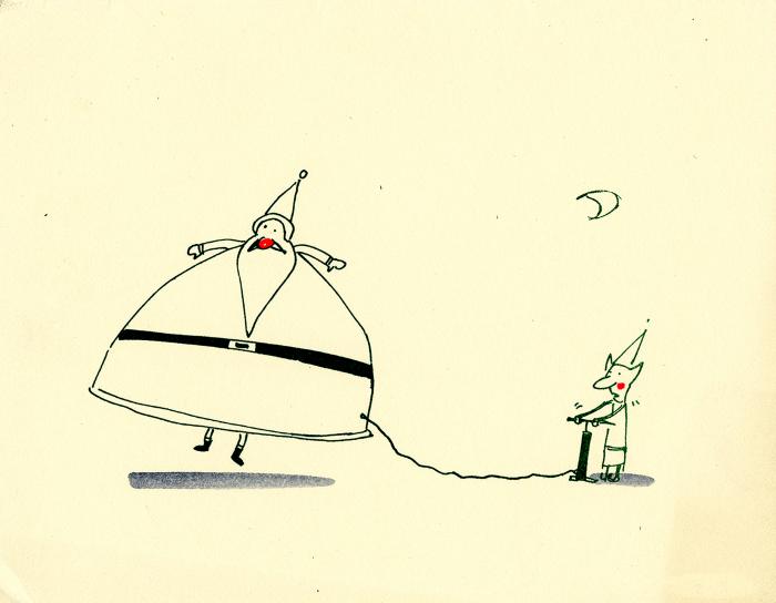 Cards depicts: Cartoon illustration of an elf blowing up Santa with a pump 