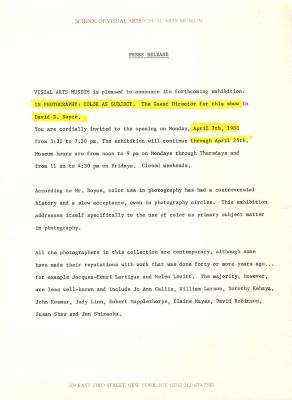 Press Releases depicts: Typewritten description of exhibition
