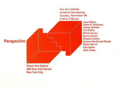 Announcements and invitations depicts: Two cube shapes, both red, of ambiguous perspective, with opening reception details and list of participating artists