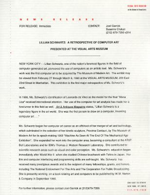 Press Releases depicts: typed press release on Visual Arts Museum letterhead