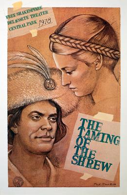 Posters depicts: Illustration of a woman's head with a bread looking down at a man pictured chest up with a fancy feathered hat