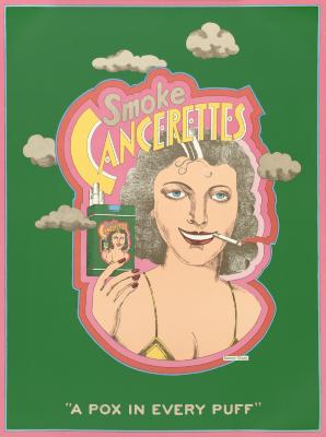 Posters depicts: Illustration of a woman smoking a cigarette and holding up a pack of cigarettes, the image on the pack is the image of her smoking and holding up the pack