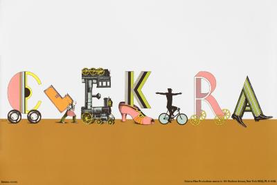 Posters depicts: The phrase "Elektra" is written out with each letter being made of a different very detailed and decorative font. Each letter has wheels, shoes, or is being carried to indicate the phrase being a procession moving from the left to the right