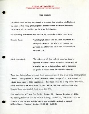 Press Releases depicts: Typewritten description of exhibition