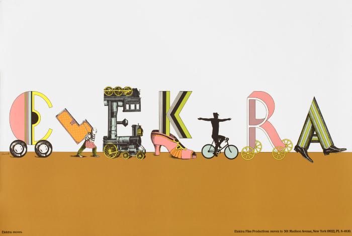 Posters depicts: The phrase "Elektra" is written out with each letter being made of a different very detailed and decorative font. Each letter has wheels, shoes, or is being carried to indicate the phrase being a procession moving from the left to the right 