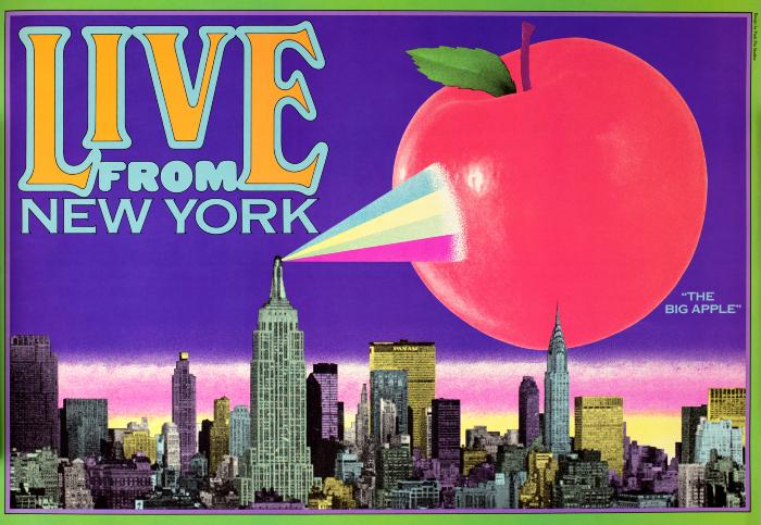 Posters depicts: A gigantic apple floats above the NYC skyline, a multicolor spotlight shines out of one of the buildings onto the apple