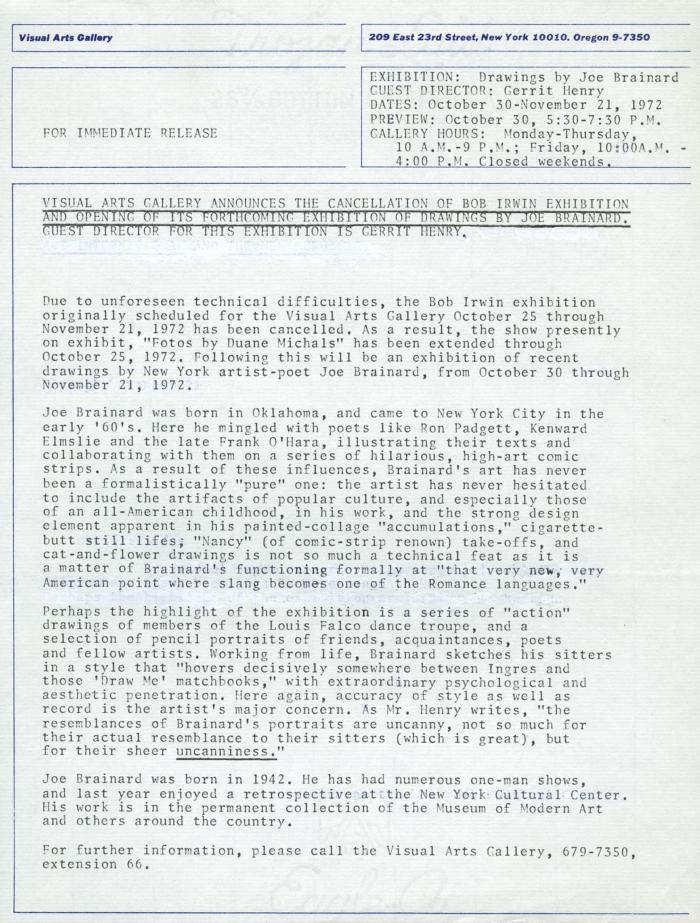 Press Releases depicts: Typewritten description of exhibition