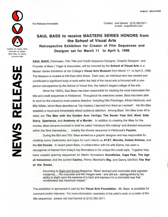 Press Releases depicts: typed press release on School of Visual Arts letterhead