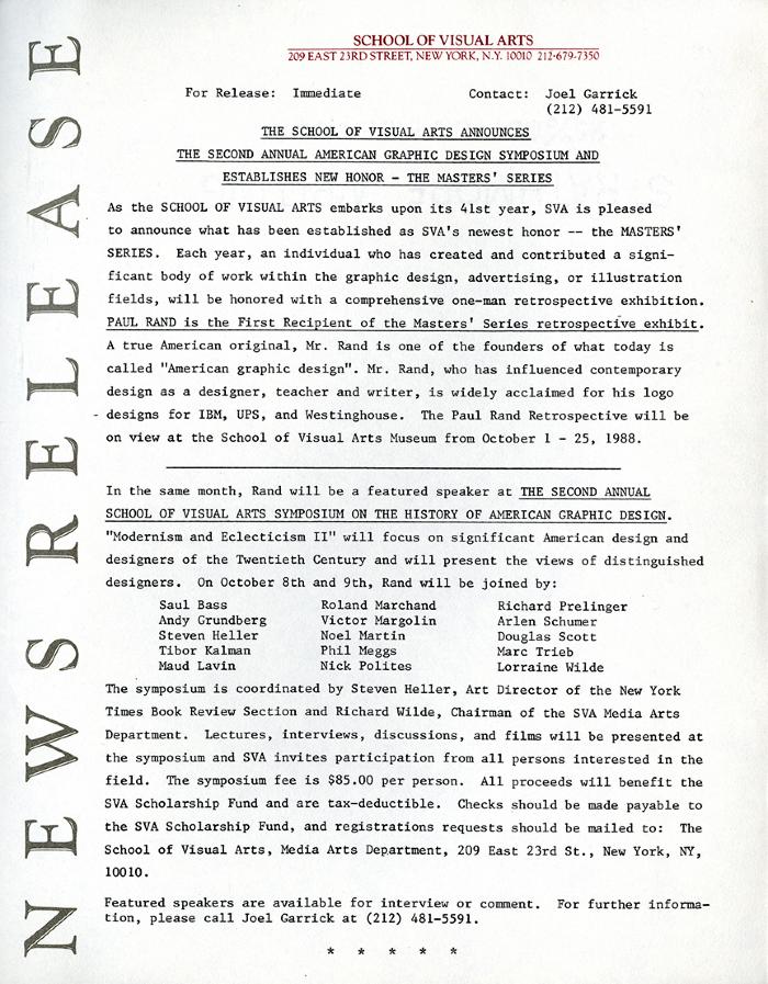 Press Releases depicts: Typewritten document describing exhibition