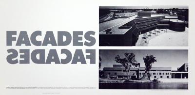 Posters depicts: Two black and white photographs of buildings, and title of show with mirror image type