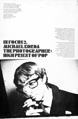 Posters depicts: black and white photo of Michael Korda wearing glasses and smoking a cigarette