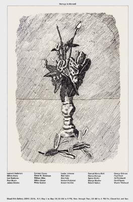 Posters depicts: cross-hatch drawing of flowers in a vase, with some falled flowers, with list of participating artists beneath