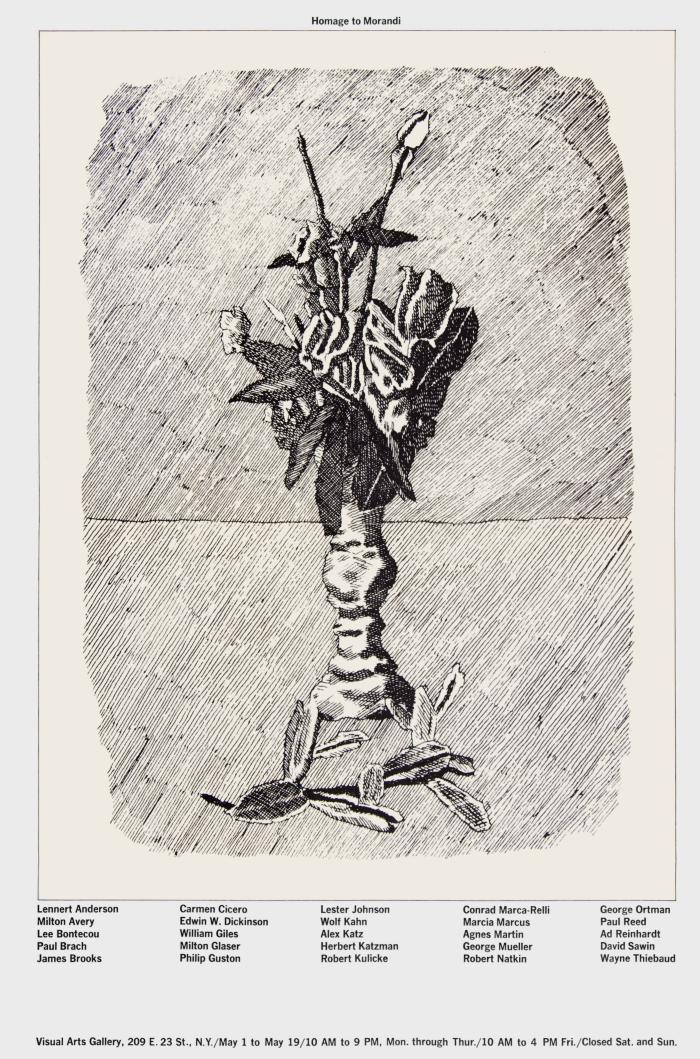 Posters depicts: cross-hatch drawing of flowers in a vase, with some falled flowers, with list of participating artists beneath