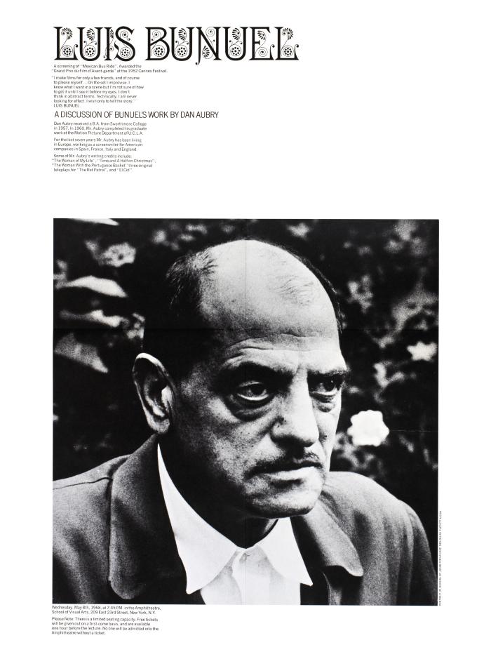 Posters depicts: black and white portrait of Bunuel beneath information on the event
