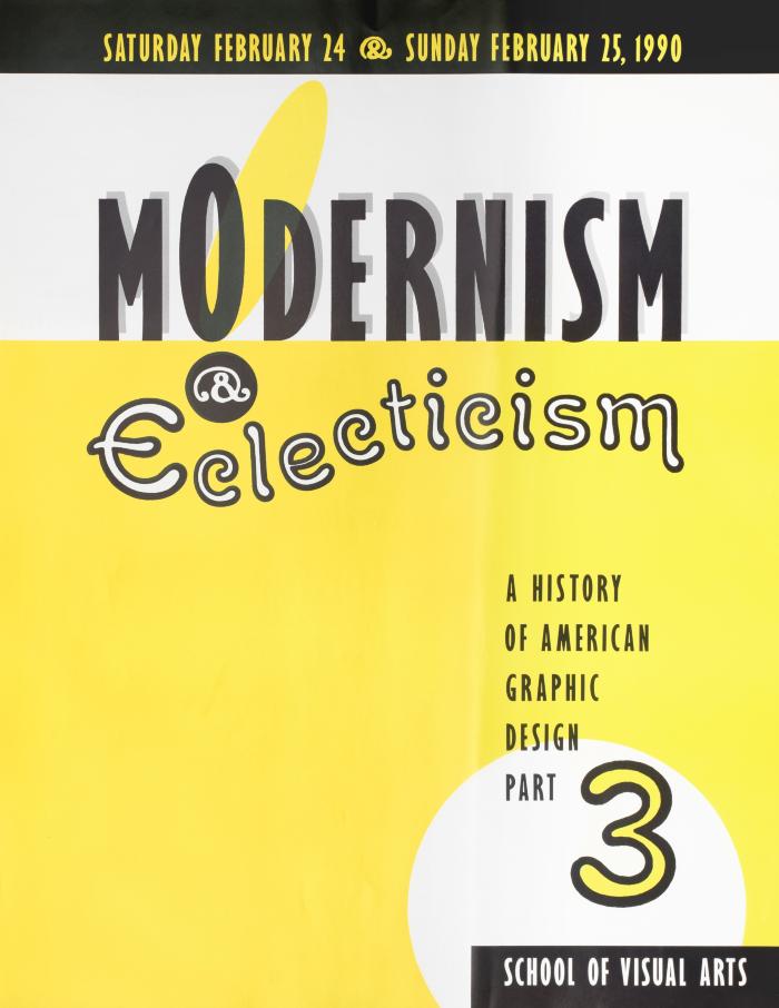Posters depicts: "Modernism & Eclecticism" written in an interesting font on a white and yellow background, the number 3 is in the bottom right corner inside a white circle 