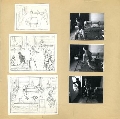 Original Art, Photographic Materials depicts: Three sketches in a column to the left and three reference images in a column to the right. The sketches are three different views of a libarary being held hostage by a gunman with people panicking and a few trying to escape of the window, with the reference photographs being of people in different poses that are in the sketches.