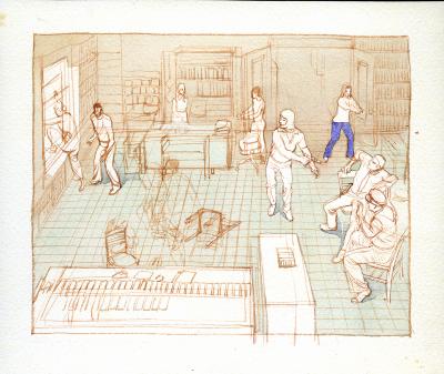 Original Art depicts: Birds eye view sketch of part of a library with several chairs knocked over and a man with a gun in the upper middle of the image holding two people hostage to the right with two people trying to escape out the window to the left and several other people looking panicked around the image.