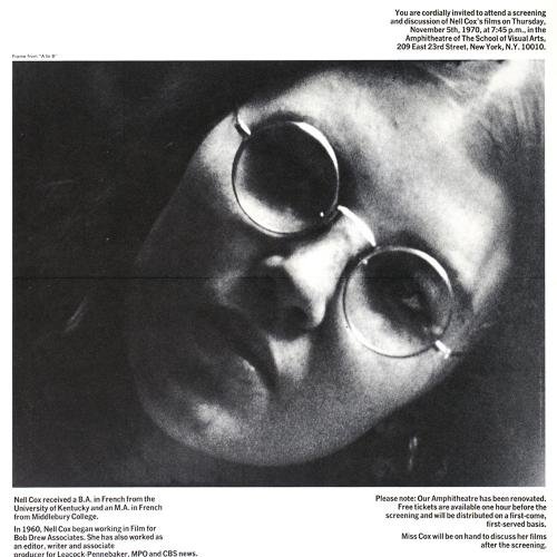 Posters depicts: black and white photo portrait of Nell Cox wearing glasses, positioned on a diagonal