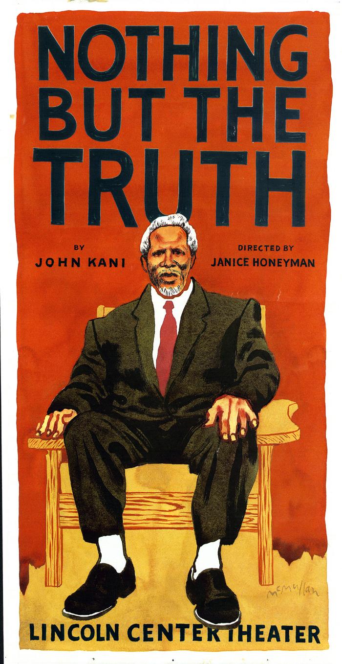 Posters depicts: Front view of a man in a brown suit siting in a chair with one hand on his knee in the bottom half of the image. The background is orange and the top half of the image has text text, as well as the very bottom of the image.