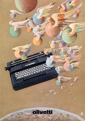 Posters depicts: Electric typewriter flying above the moon surrounded by colorful balls with wings.