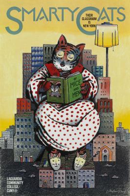 Posters depicts: Cat reading in chair made of city buildings