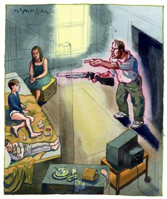 Original Art depicts: Illustration of a birds eye view of a living room with a man on the right pointing his finger and a rifle at a boy sitting in the left. There is another child sitting next to the boy and a woman sitting on a box to the side.
