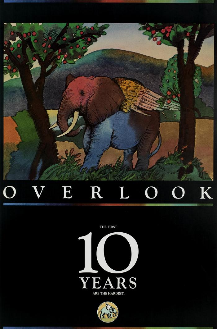 Posters depicts: Multi-color watercolor elephant with wings in a landscape.