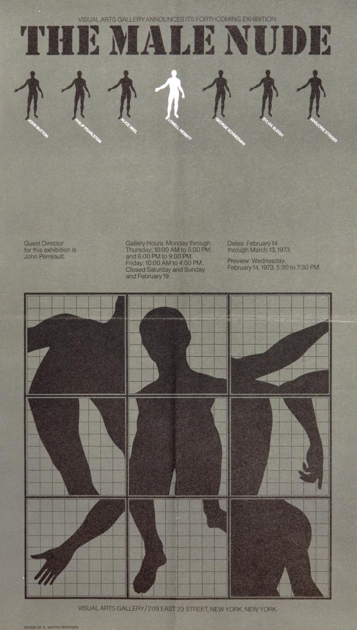 Posters depicts: Male nude divided into nine squares and in scrambled order