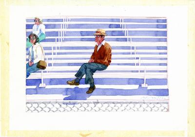 Original Art depicts: Illustration of an old man in a hat, brown jacket, blue jeans and glasses sitting with his legs crossed on the bleachers in the middle of the illustration. There are two older women sitting on the bleachers to the left of the image.