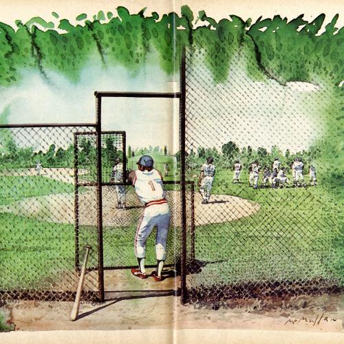 Serial Publications depicts: Illustration of a man in a baseball uniform in a back view leaning on a fence looking at a baseball field with several men playing a baseball game.