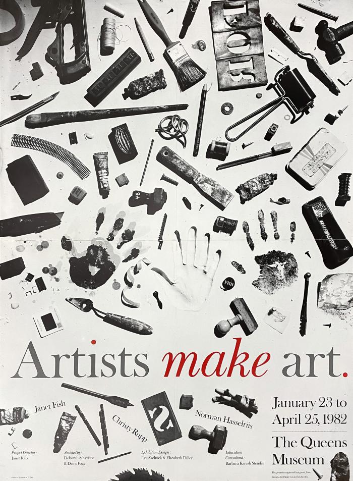 Posters depicts: Large variety of artist's tools spread out across a white background  