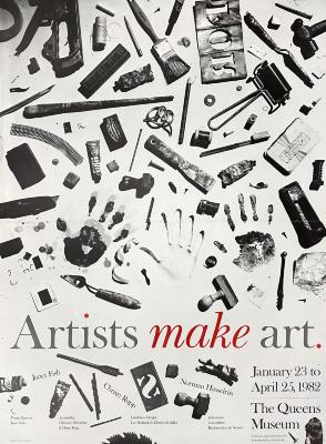Posters depicts: Large variety of artist's tools spread out across a white background