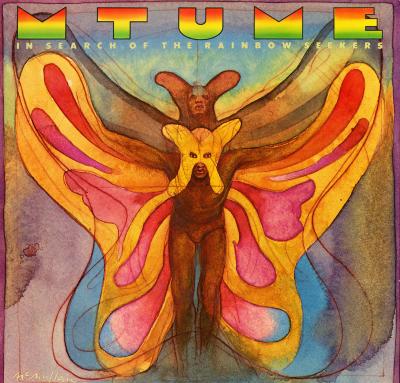 Album Covers depicts: An illustration of two men with dark skin tones stand behind one another wearing yellow and pink butterfly wings and yellow butterfly masks.