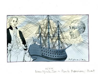 Original Art depicts: Illustration of a large renaissance ship, with a drawing of a man closer to the viewer in renaissance attire to the left and a large head of a man to the right.