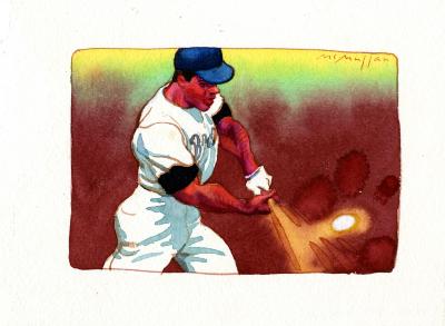 Original Art depicts: Illustration of a baseball player with a white uniform and a blue cap swinging a bat and hitting a ball with great force.