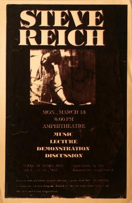 Posters depicts: print of Steve Reich performing on a metallica background