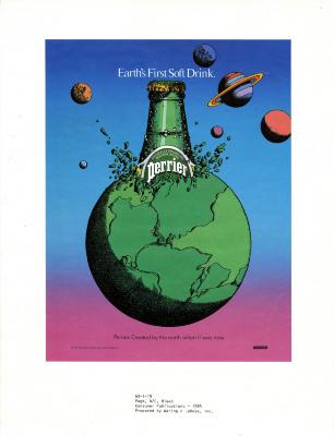 Advertisements depicts: drawing of Perrier bottle exploding out of the Earth into the Solar System