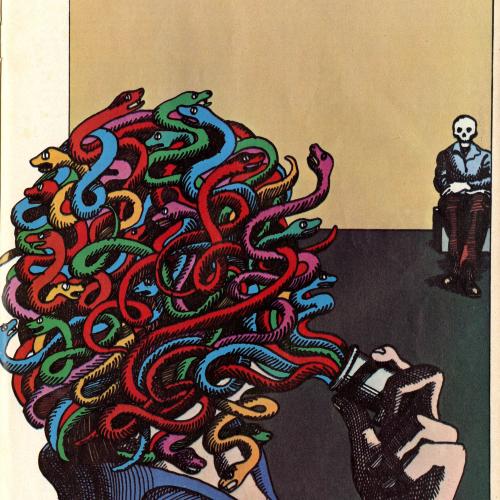 Serial Publications depicts: person with pill bottle in front of their face with many colorful snakes coming out and covering the person's head