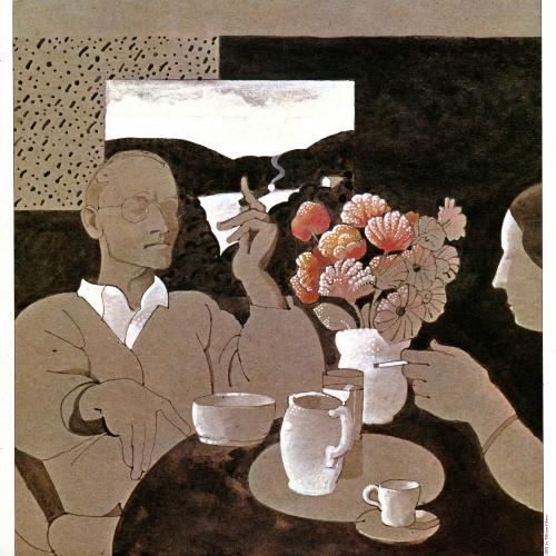 Calendars depicts: Brown drawing of Hermann Hesse sitting at a table, smoking a cigarette, sitting across the table from another person.
